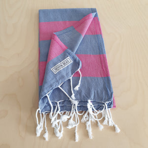 Seven Seas Turkish Towel / Sarong - Classic Sunny Stripe - Denim Blue & Fuschia Pink