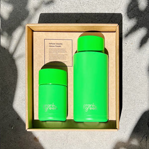 Frank Green Eco Gift Set with Reusable Ceramic Cup and Large Bottle  - Neon Green