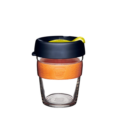 KeepCup Reusable Coffee Cup - Brew Glass & Silicone - Medium 12oz Black/Orange (Banksia)