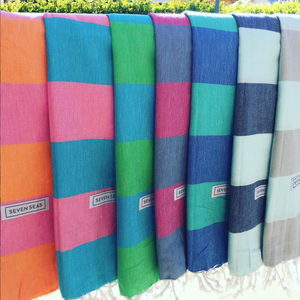 Seven Seas Turkish Towel / Sarong - Classic Sunny Stripe - Denim Blue & Fuschia Pink