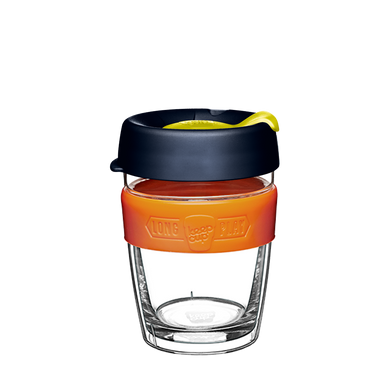 KeepCup Reusable Coffee Cup - Brew LongPlay Glass Double Wall - Medium 12oz Black/Orange (Banksia)