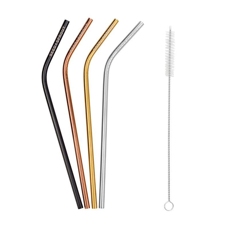 Seed & Sprout Stainless Steel Straws and Cleaning Brush - Bent (4 Pack)